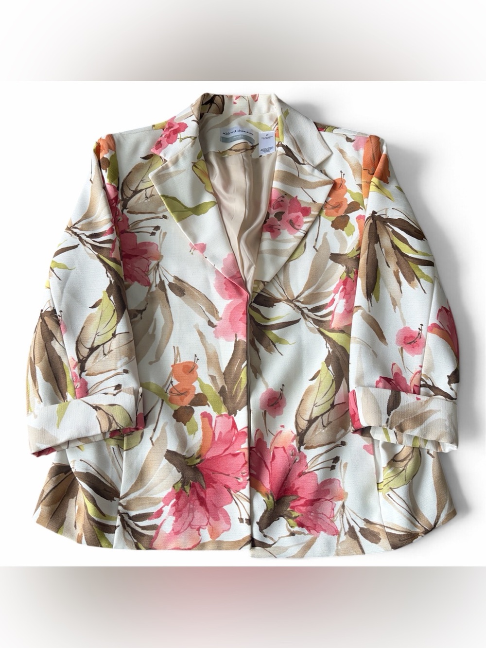 Alfred Dunner Blazer Women Size 6P Coral Beige Green Floral Jacket Casual Work